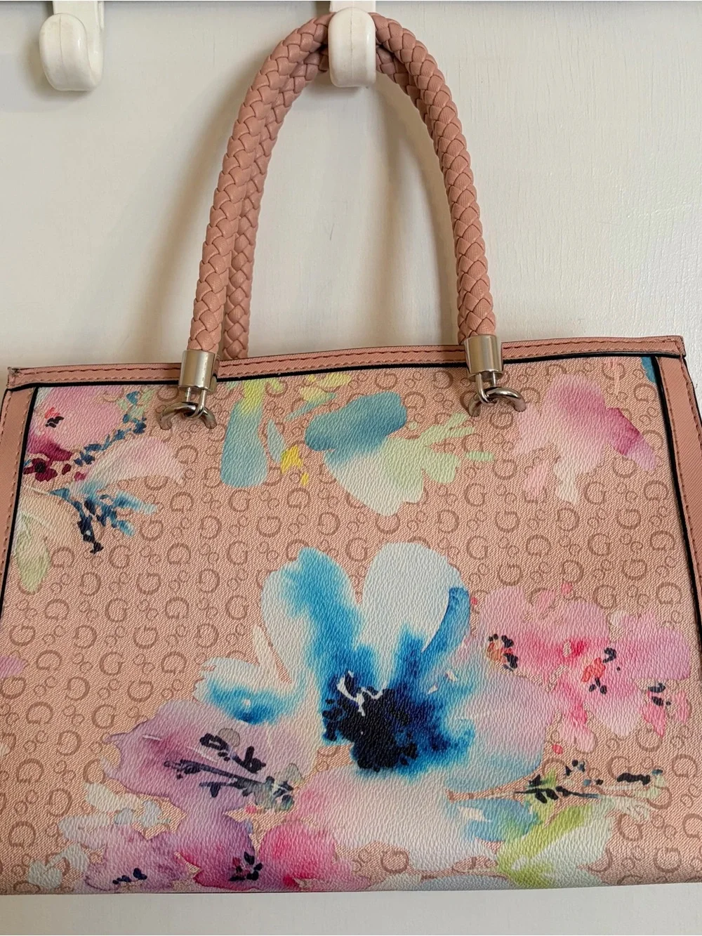 GUESS Pink Floral Logo Tote with Braided Handles